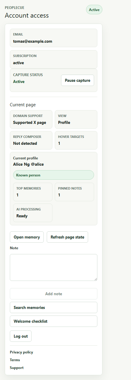 PeopleCue extension showing saved context for a known X profile